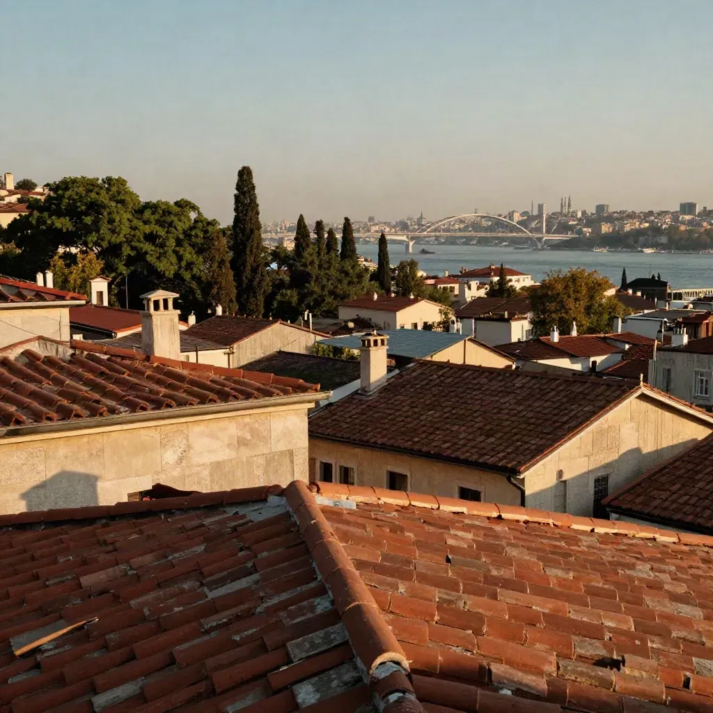 İstanbul Avrupa’da altın saatte çatılar ve uzakta köprü hattı, altta sakin boşluk.