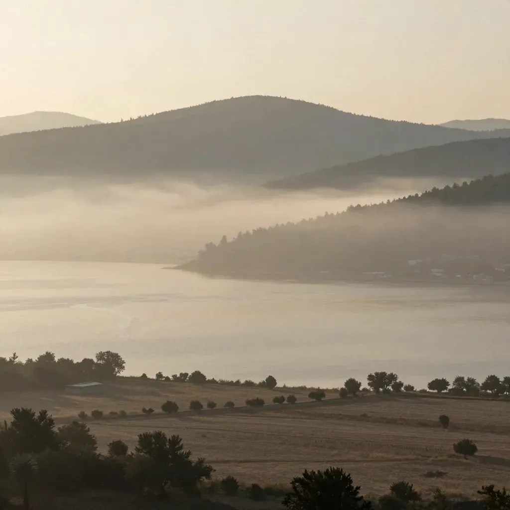 İzmit Körfezi üzerinde sisli sabah, ormanlı tepeler ve geniş boş alan.