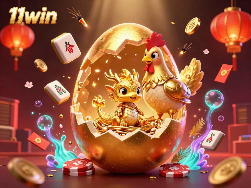 Experience the excitement of 11win with a unique dragon illustration amidst vibrant gambling elements.