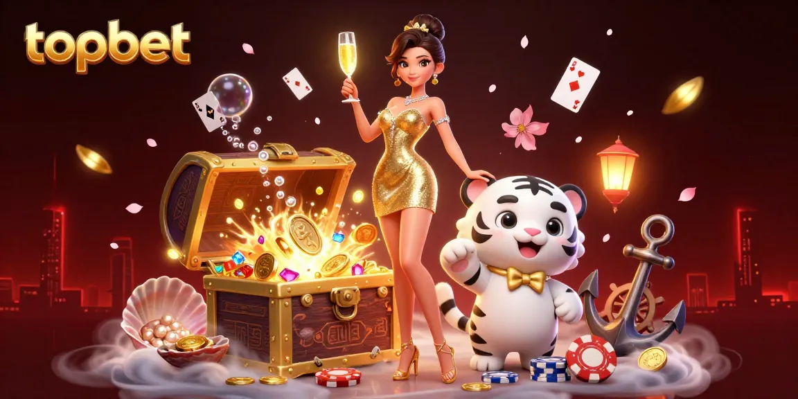Play exciting games at topbet with our glamorous casino illustration featuring a lucky character duo.