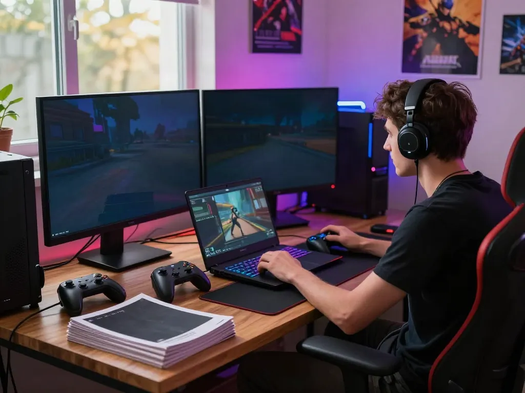 Enthusiastic gamer engaged with rokok88 in a cozy gaming lounge, showcasing controllers and vibrant gameplay atmosphere.