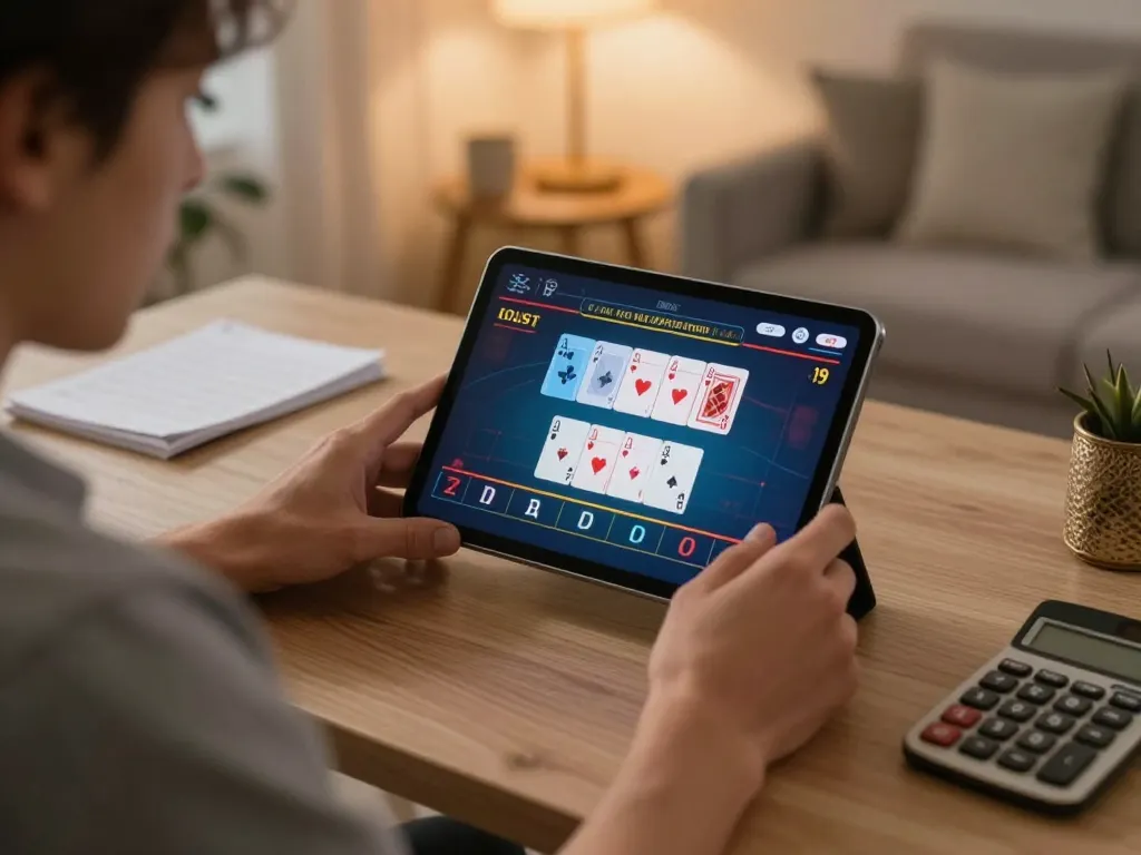 Playing blackjack online at https://ta88.nl/ in a cozy home office, engaging with strategy notes and tablet interface.