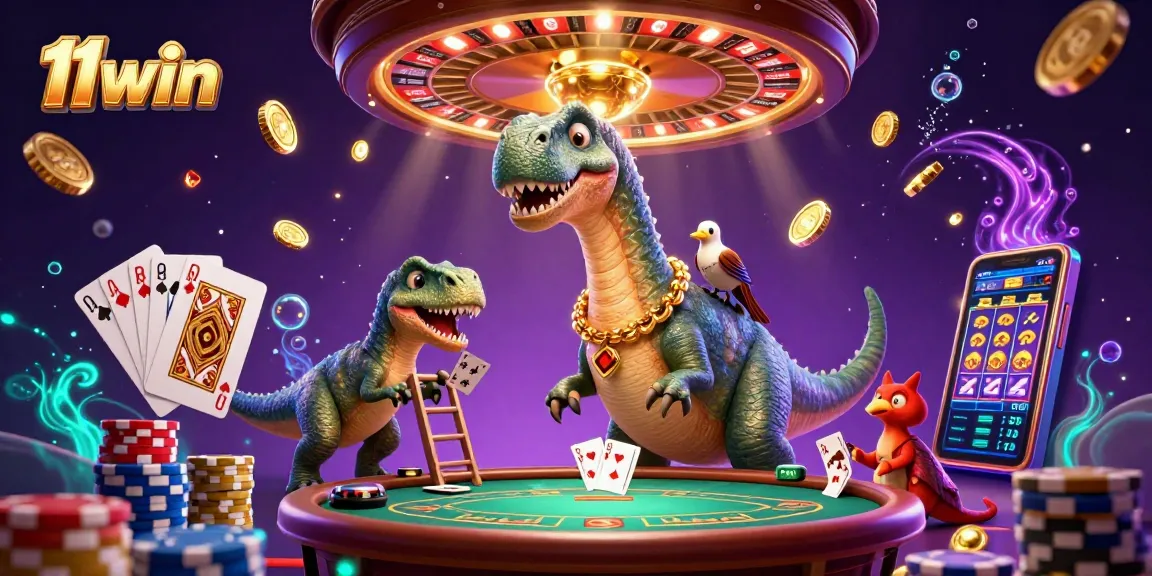 Experience the excitement of 11win casino with dynamic 3D illustration of brontosaurus and raptor in action.