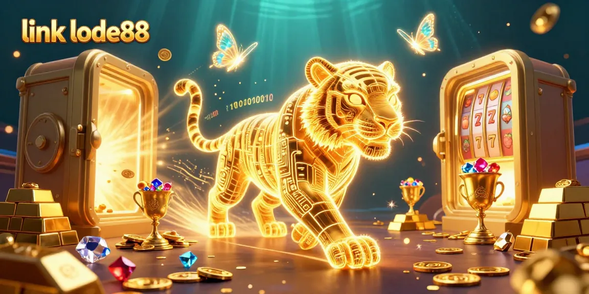 Engage with link lode88's vibrant casino world featuring a golden tiger amidst treasures and slot reels.