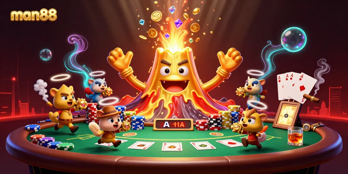 Experience the thrill of man88 as a golden volcano erupts coins and gems amidst poker elements.