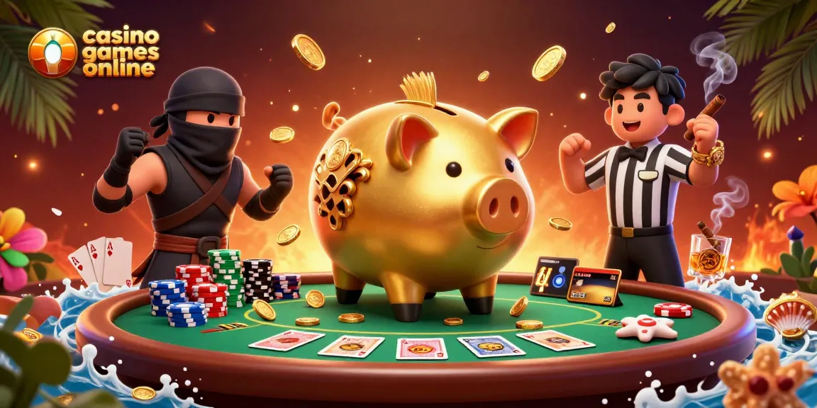 Experience thrilling casino games online with a golden piggy bank sumo wrestler and poker action!