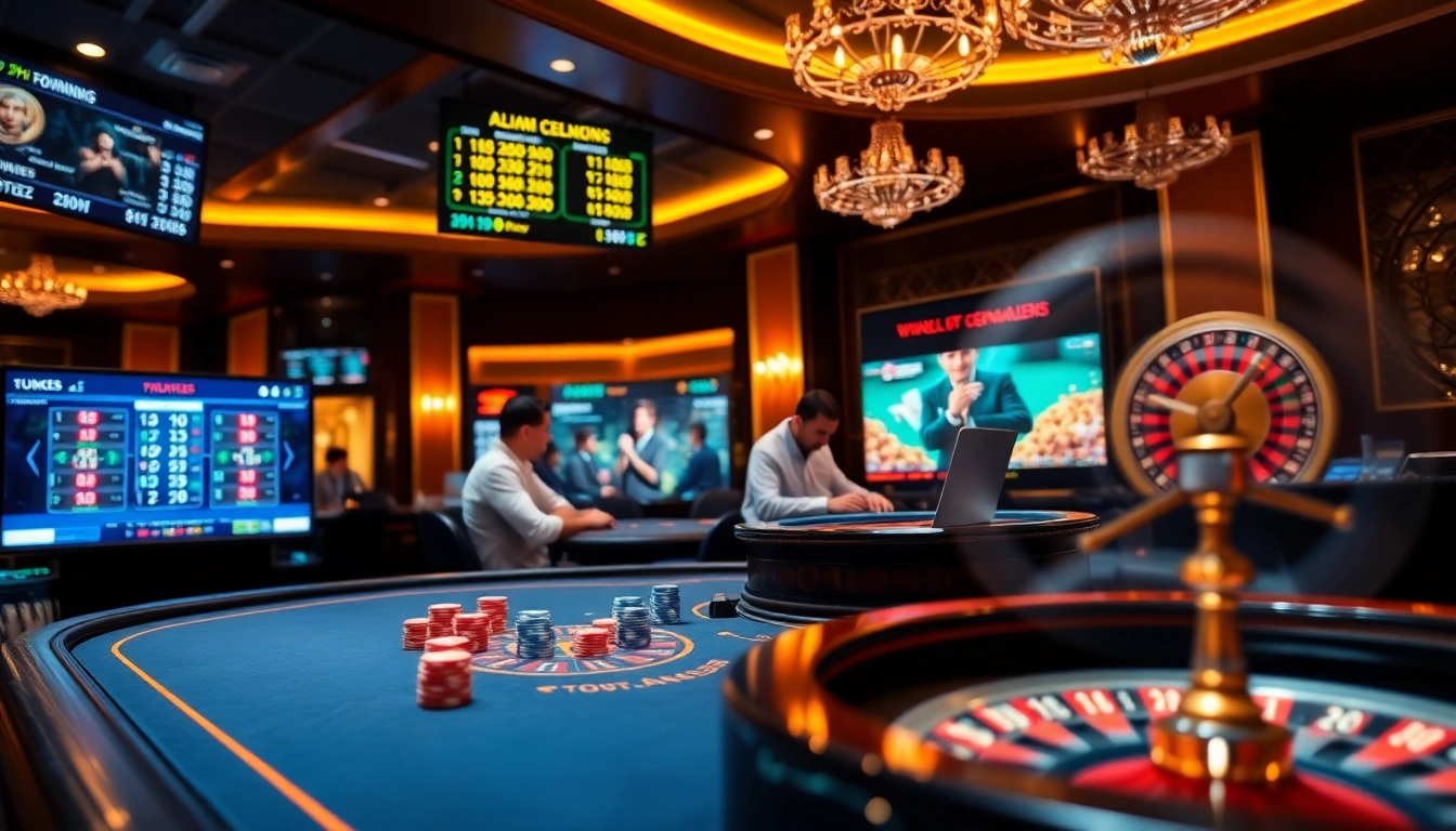 Engaged players strategizing at a 9PH poker table with gambling chips and cards.