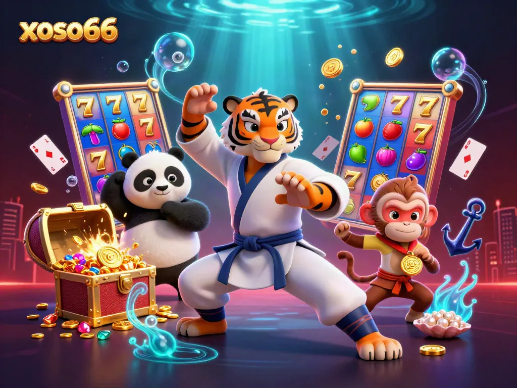 Experience the excitement of xoso66 with a vibrant scene showcasing a kung fu tiger, a panda, and a monkey amidst lively gambling elements.