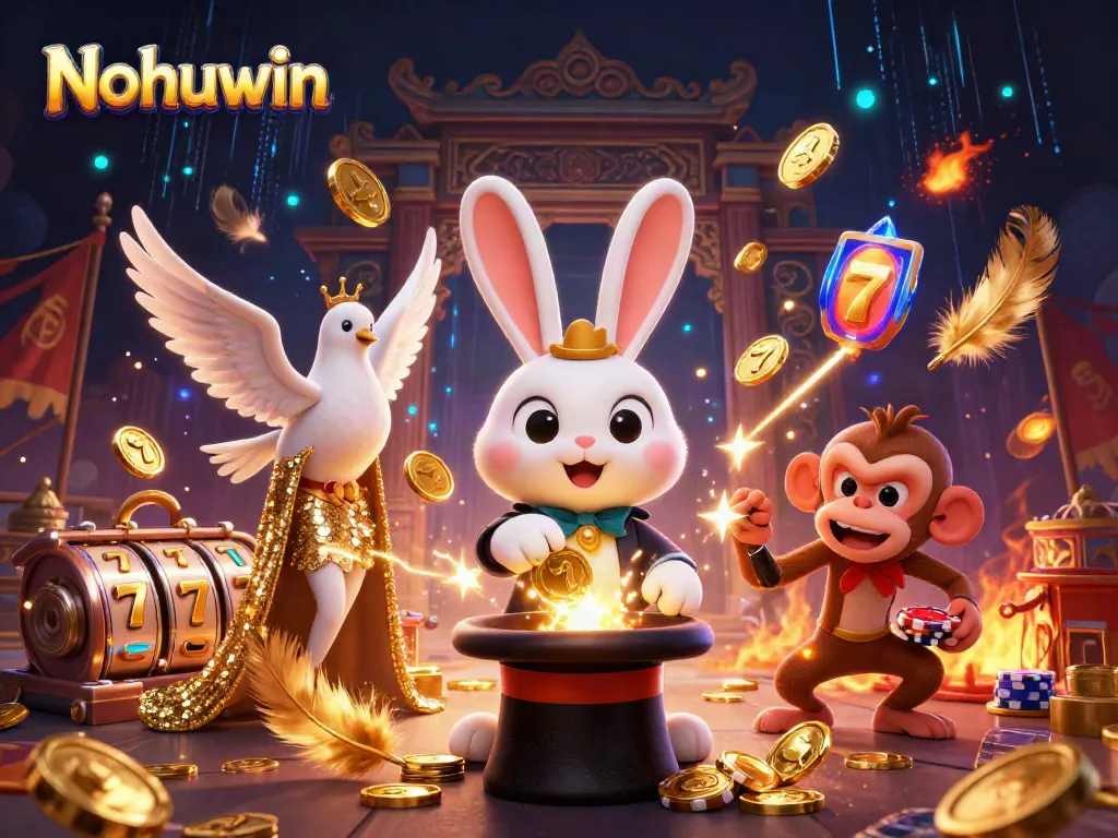 Nohuwin showcases a magician rabbit pulling coins, creating excitement in an online casino atmosphere.