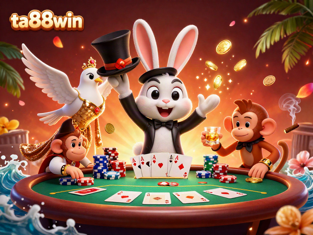 Experience the thrilling magic of ta88win with fun casino characters around a dynamic poker table.