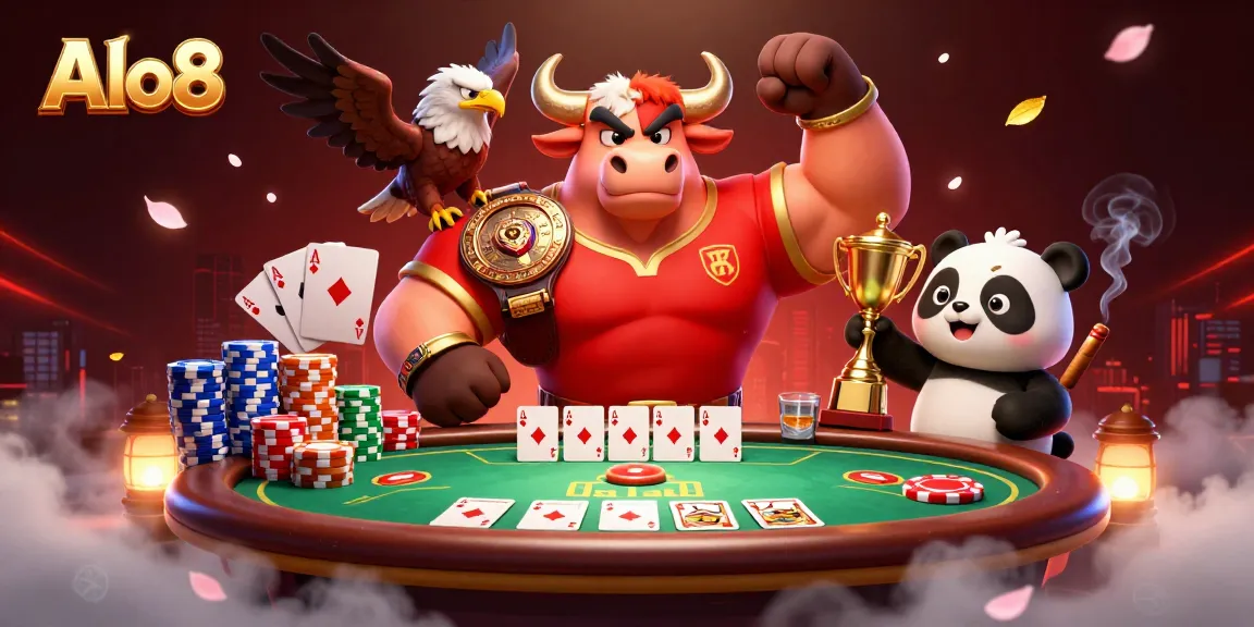Alo8 engages players with a vibrant cartoon scene featuring a bull, eagle, and panda celebrating gambling victories.