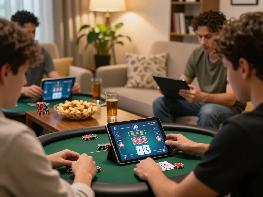 Players strategizing in Roseville during an online poker game on tablets.