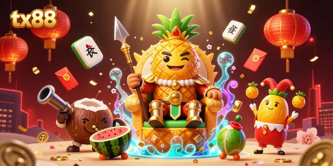 Engage with the vibrant tx88 casino scene featuring the golden pineapple king amid dynamic game elements.