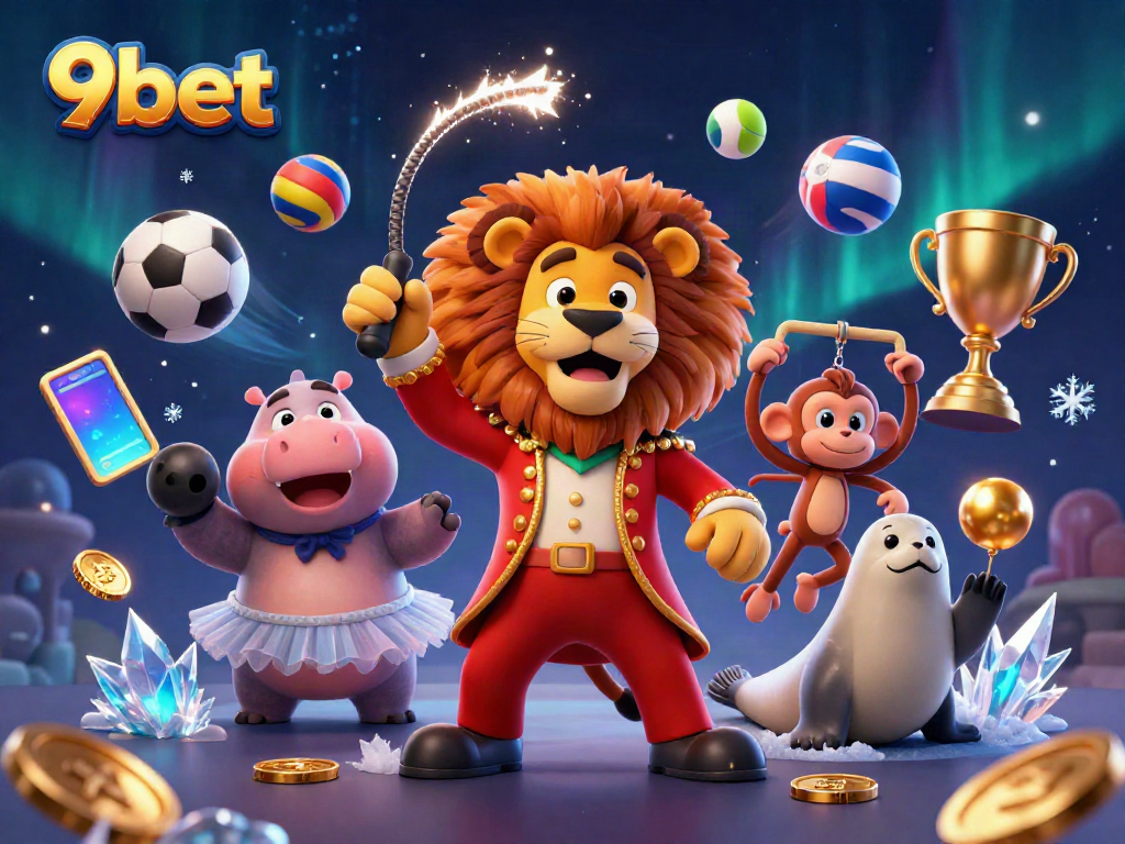 Experience the thrill of 9bet with an entertaining 3D circus-themed casino illustration full of action.