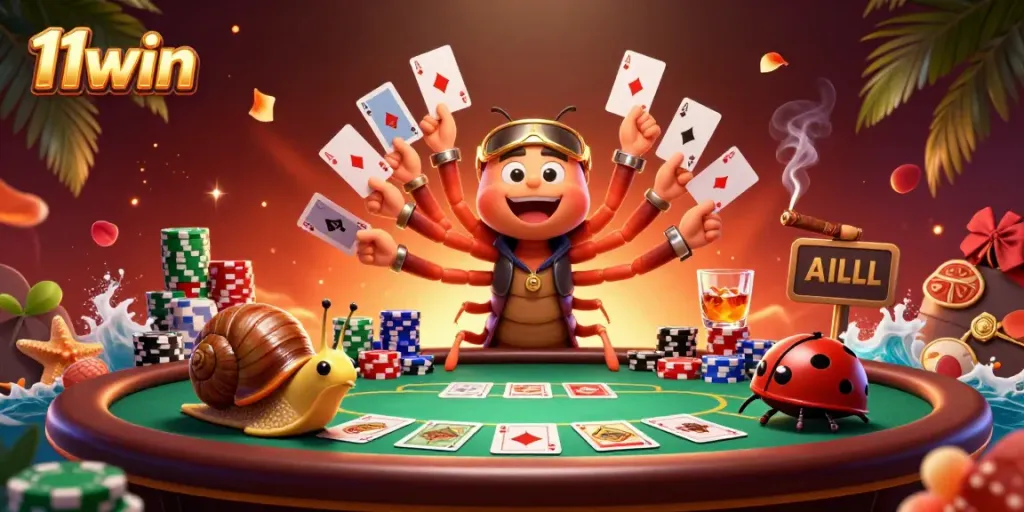 11win showcases a dynamic casino scene with a cartoon millipede dealer at a poker table, enhancing the gaming experience.