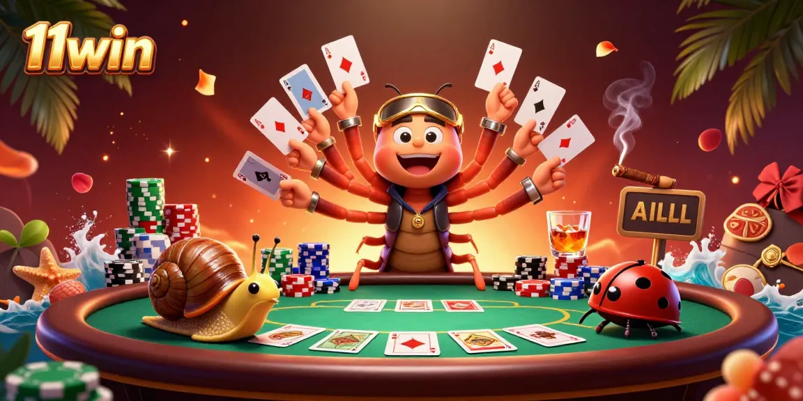 11win showcases a dynamic casino scene with a cartoon millipede dealer at a poker table, enhancing the gaming experience.