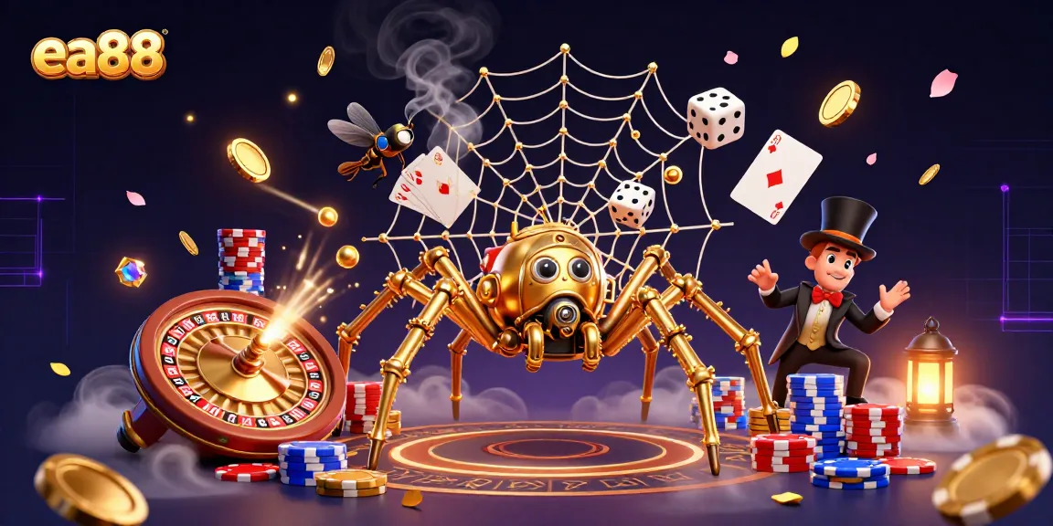 Experience thrilling gameplay at ea88 with a steampunk spider and golden coins in an enchanting casino illustration.