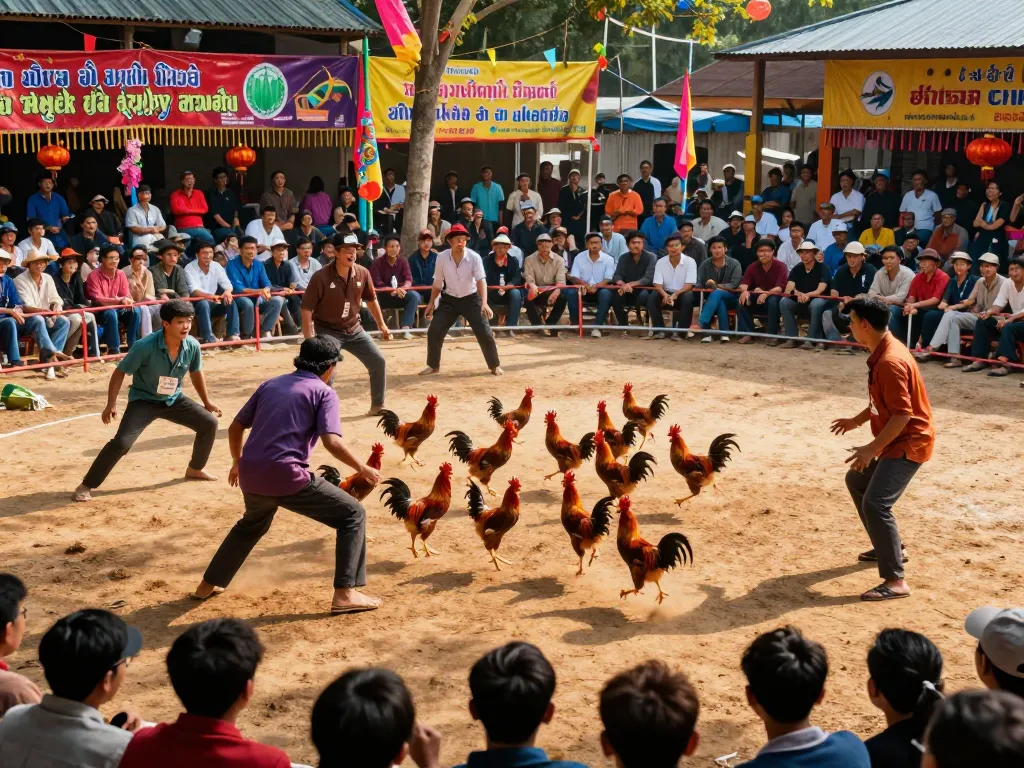 Watch đá gà trực tiếp in action as trainers cheer for their fighting roosters in a vibrant outdoor arena