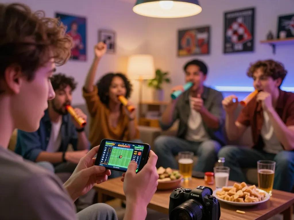 Enjoying live sports betting on https://debet.talk/ with friends, displaying excitement and companionship.