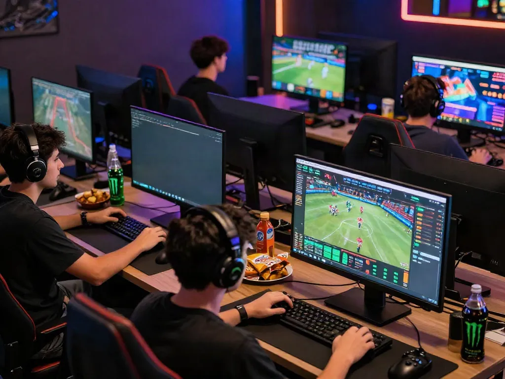 Dynamic online gaming scene featuring players engaging with nbet platforms in a vibrant workspace.