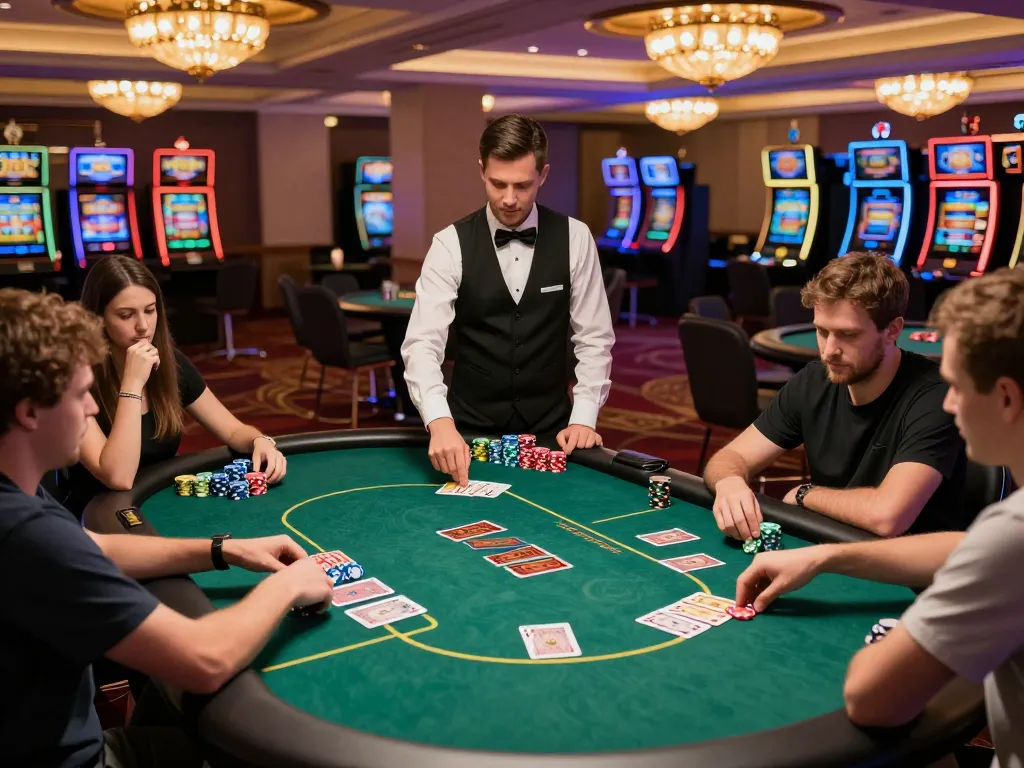Players strategizing their bets at a lively poker table during a game at 98wincom casino