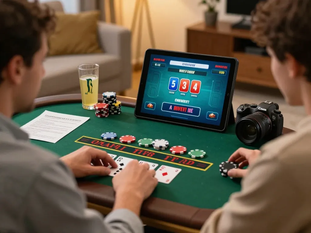 Engaging with Jun88 online casino on tablet while strategizing in a cozy home setting.