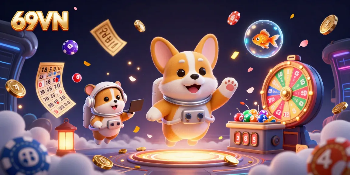 Experience thrilling gameplay at 69VN with dynamic casino elements and floating characters in a vibrant atmosphere.