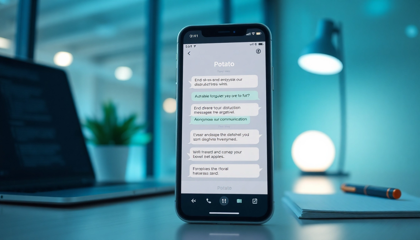 Experience the secure Potato下载 app on your smartphone, showcasing its advanced features in a modern workspace.