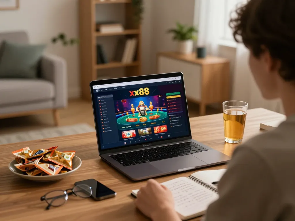 Engaged player using the xx88 online casino app on a laptop, surrounded by strategy notes, in a cozy home setting
