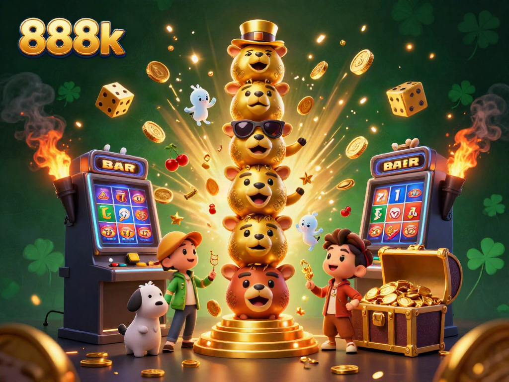Experience thrilling gameplay with 888k, featuring a vibrant 3D casino illustration of a golden totem and slot machine.