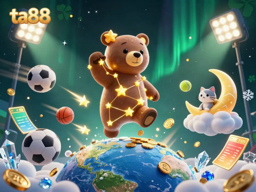 Experience thrilling wins with ta88 as a golden constellation bear interacts with vibrant sports elements in a dynamic casino setting.