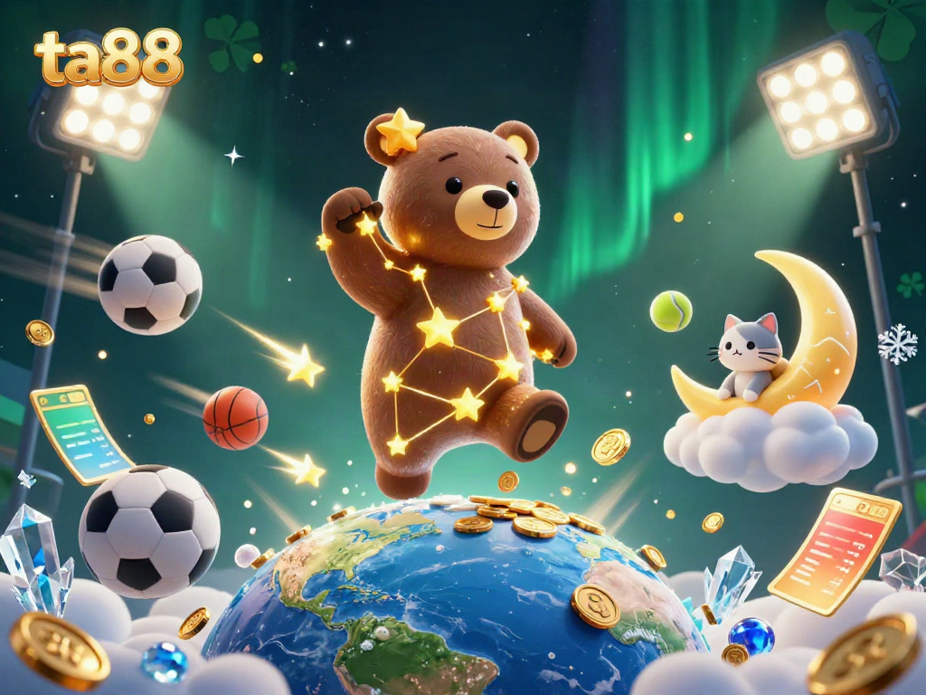 Experience thrilling wins with ta88 as a golden constellation bear interacts with vibrant sports elements in a dynamic casino setting.