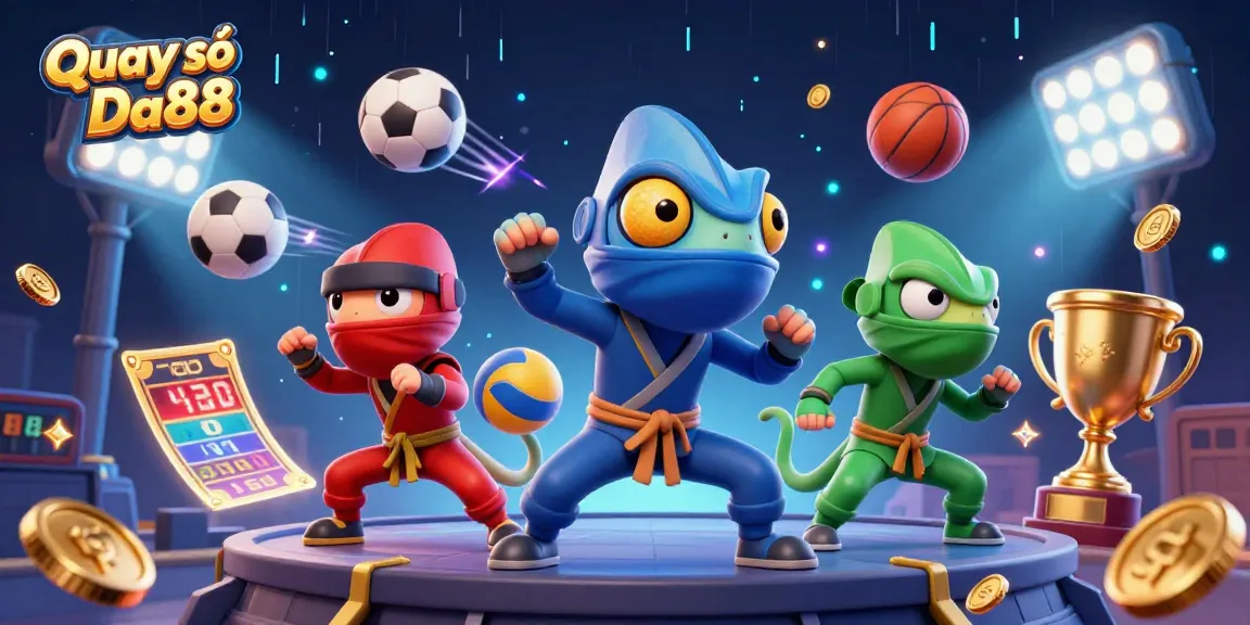 Engage with Quay số Da88 featuring ninja chameleons and vibrant sports elements in a thrilling scene.