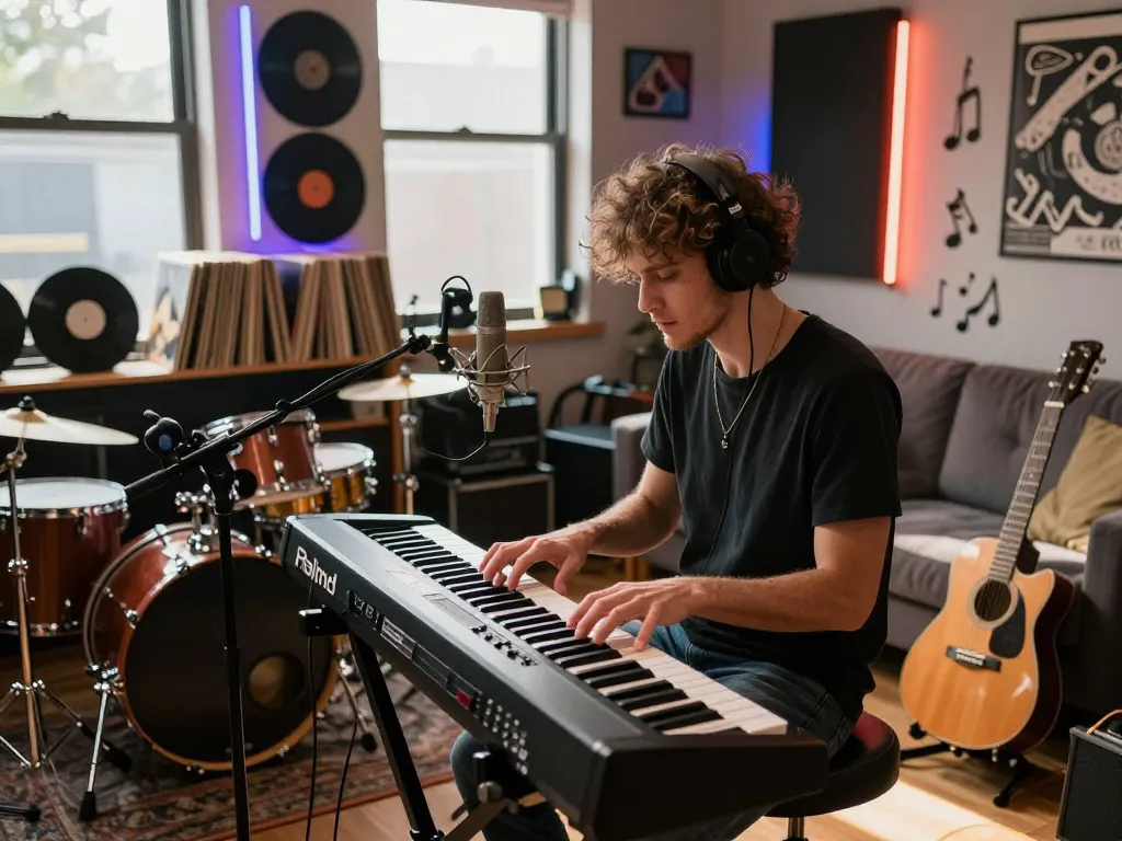 Musician performing with the VK88 organ in a vibrant music studio, showcasing creative energy and passion.