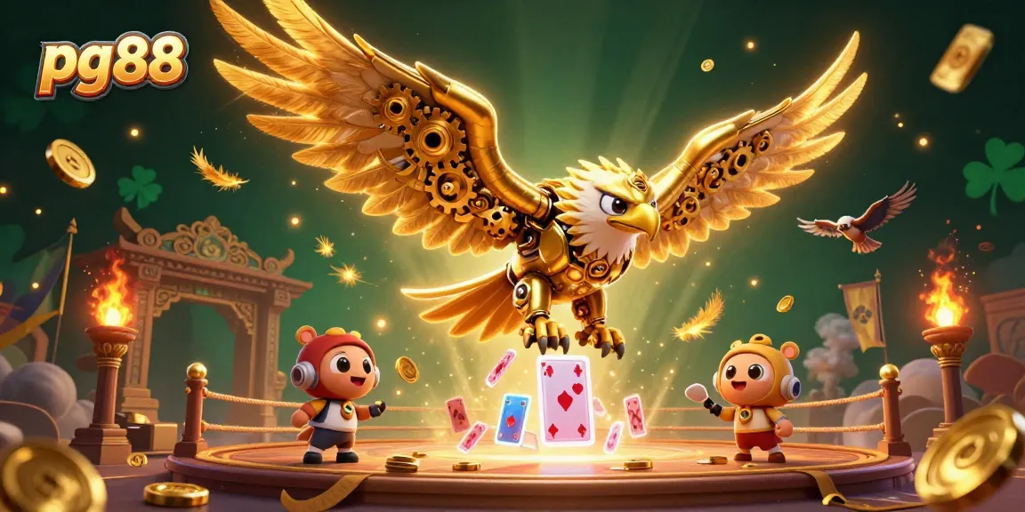 Experience thrilling moments at pg88 with a cybernetic eagle amidst swirling vibrant playing cards and golden coins.