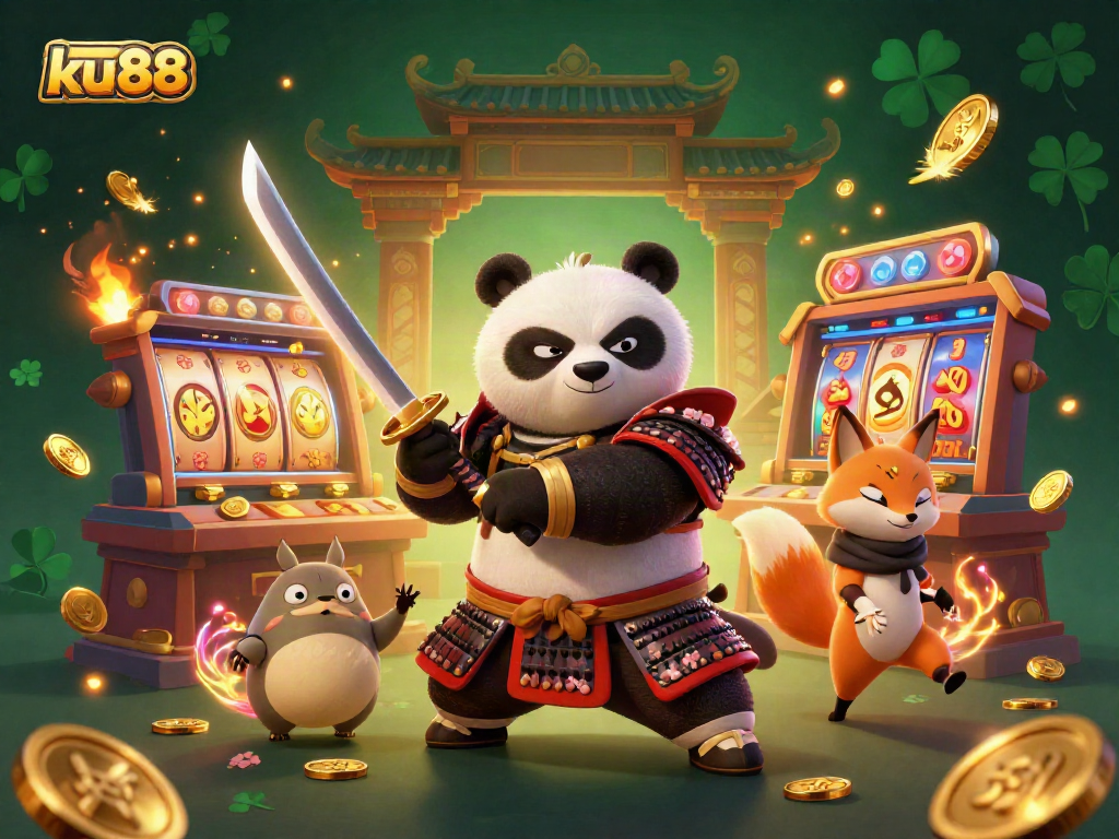 Engage in thrilling casino action with ku88 as samurai panda and ninja fox celebrate winnings amidst golden coins and jackpots.