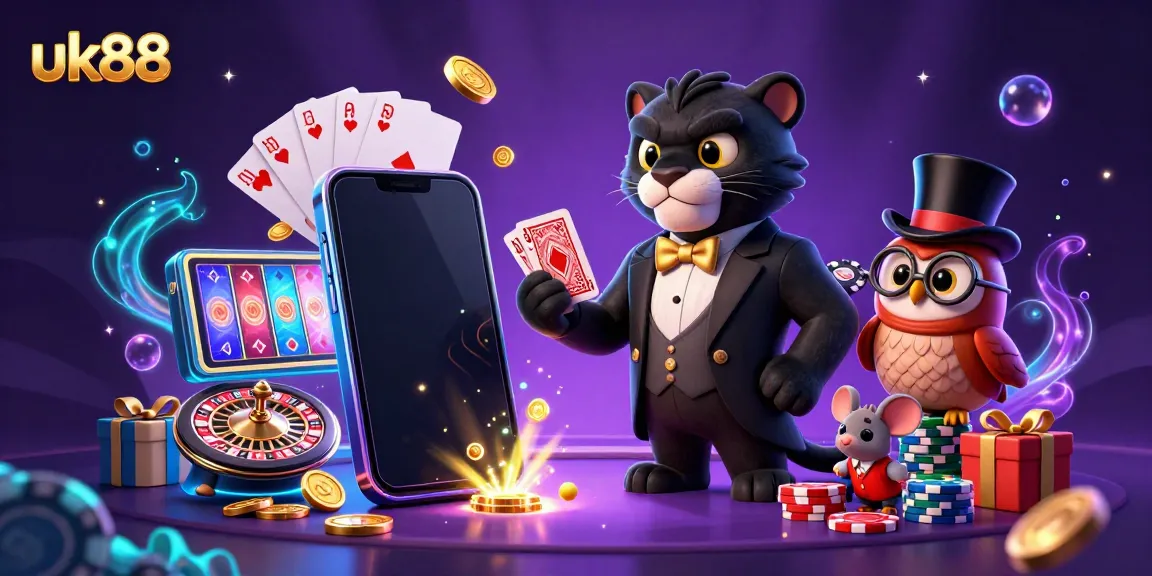 Experience thrilling moments with uk88 as a stylish panther deals cards amidst vibrant casino elements in a magical setting.
