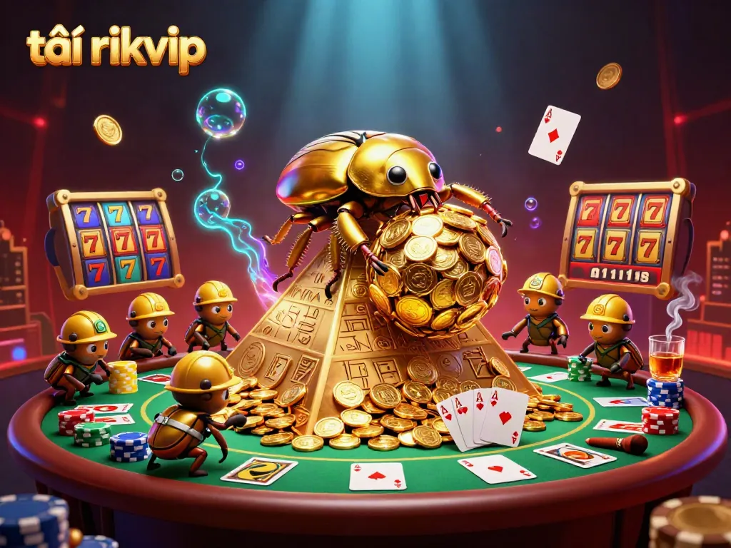 Engage in thrilling gameplay with tải rikvip, featuring vibrant 3D illustrations of casino elements and characters.