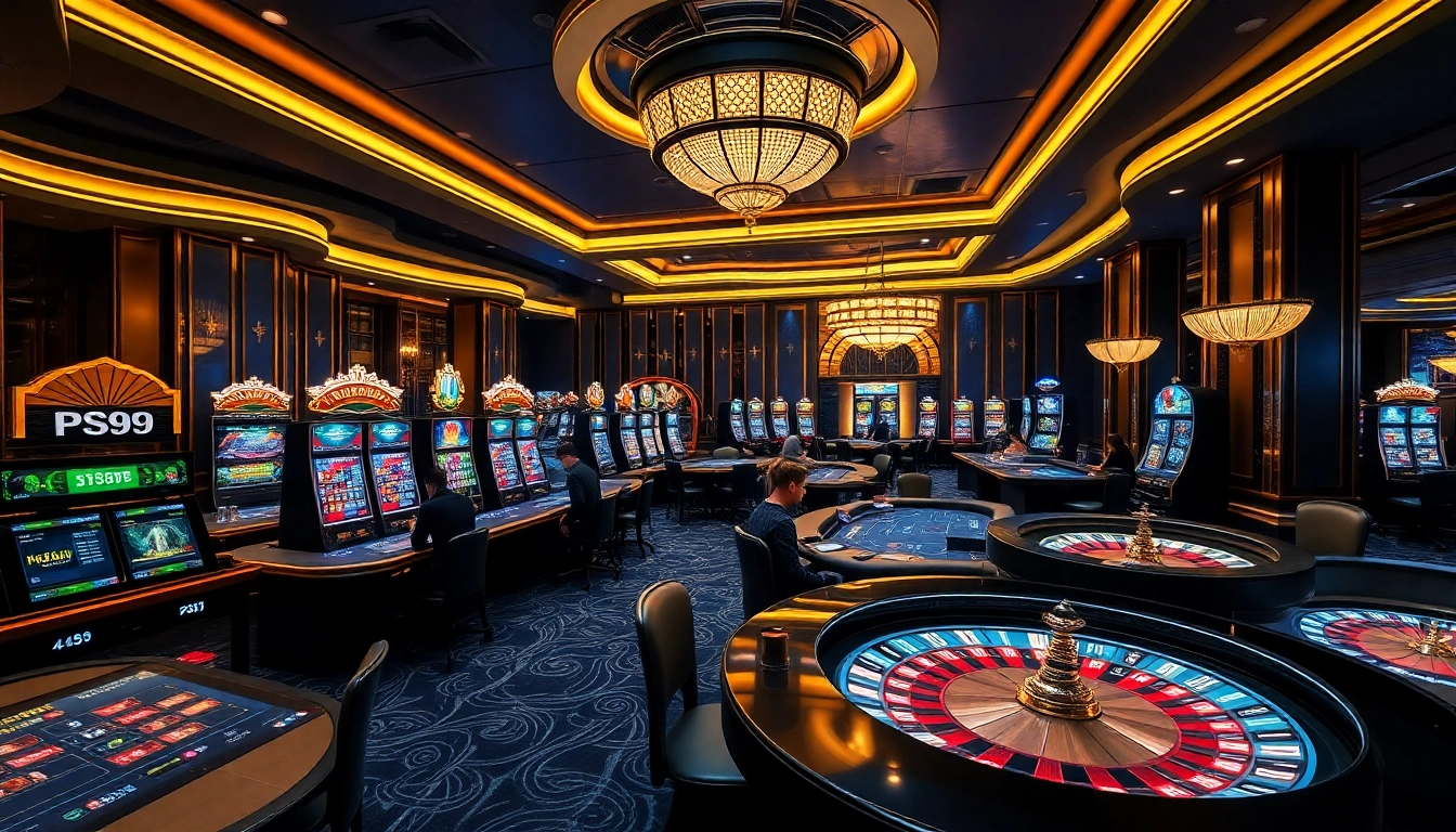 Experience the thrill of gambling at PS99, featuring vibrant slot machines and lively poker tables.