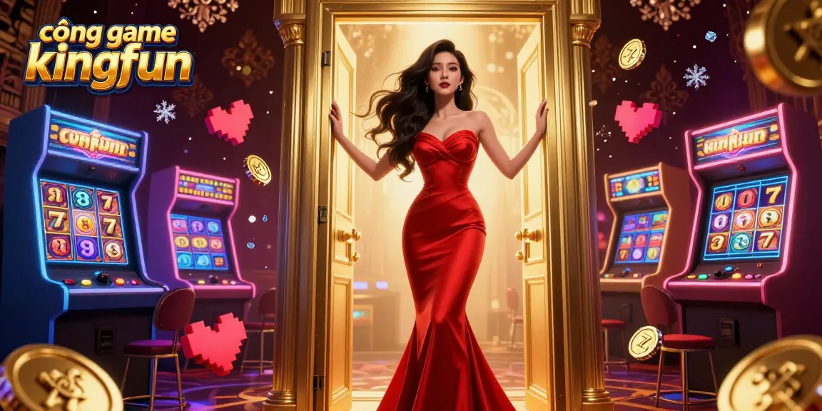 Experience the thrill of cổng game kingfun with an elegant Asian woman in a luxurious casino setting.