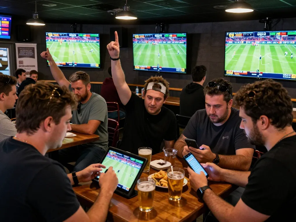 Engaged bettors using smartphones for tin soi kèo while watching live sports in a lively bar.