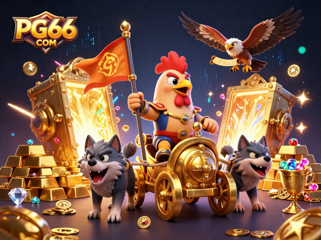 Experience thrilling gameplay at PG66 COM with a 3D cartoon warlord amidst gold treasures.