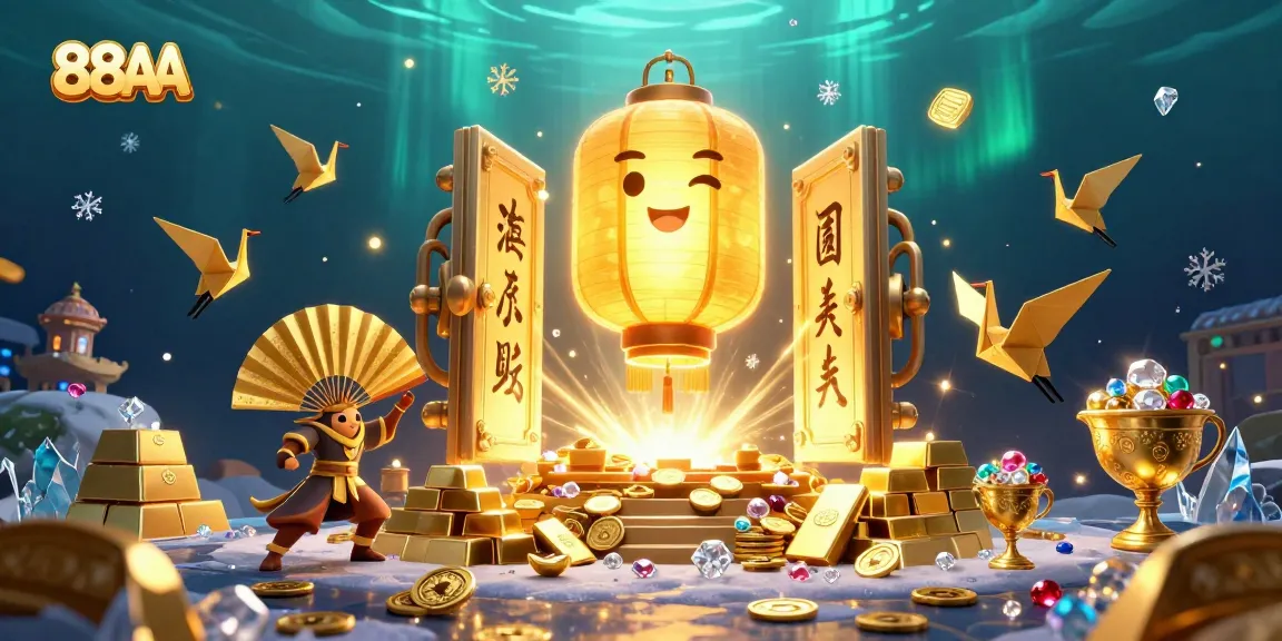 88AA illuminates fortune with golden lantern spirit and treasures in a vibrant casino scene.