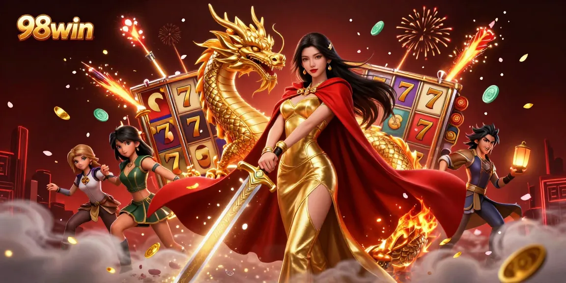 Win big at 98win with a vibrant scene showcasing immersive slot gaming excitement.