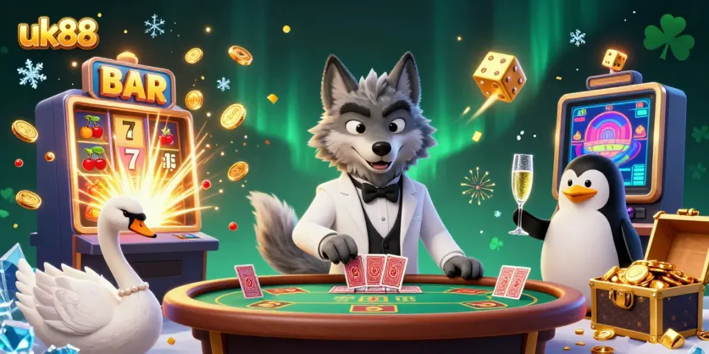 Engage in thrilling casino action with uk88's vibrant scene featuring a wolf and swan at the baccarat table.