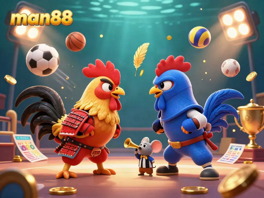 Experience thrilling sports battles at man88 with fighting roosters in a dynamic 3D scene.