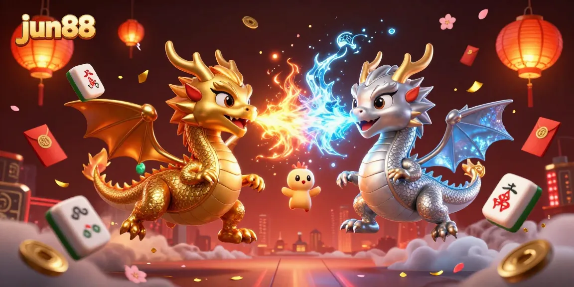 Engage in thrilling gameplay at jun88 with a dynamic scene featuring dragons and floating gaming symbols.
