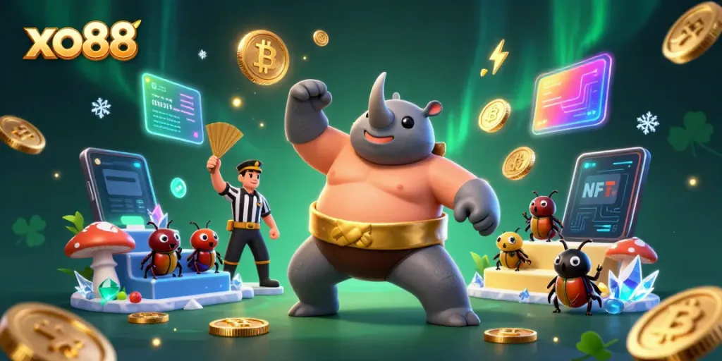 Experience the thrilling xo88 sumo wrestling beetle champion surrounded by floating crypto coins.