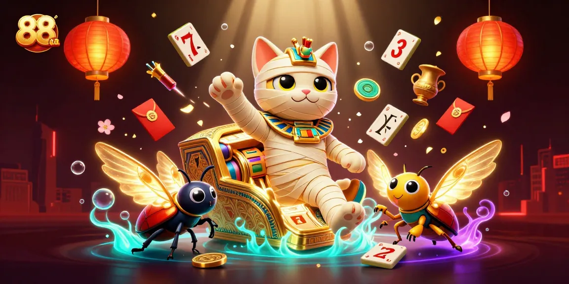 Witness the engaging scene with the 88AA mummy cat launching from a golden sarcophagus in a lively casino atmosphere.