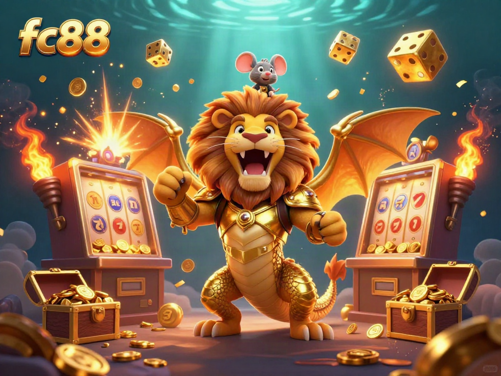 Experience fc88's vibrant gaming scene with a roaring chimera and jackpot excitement.